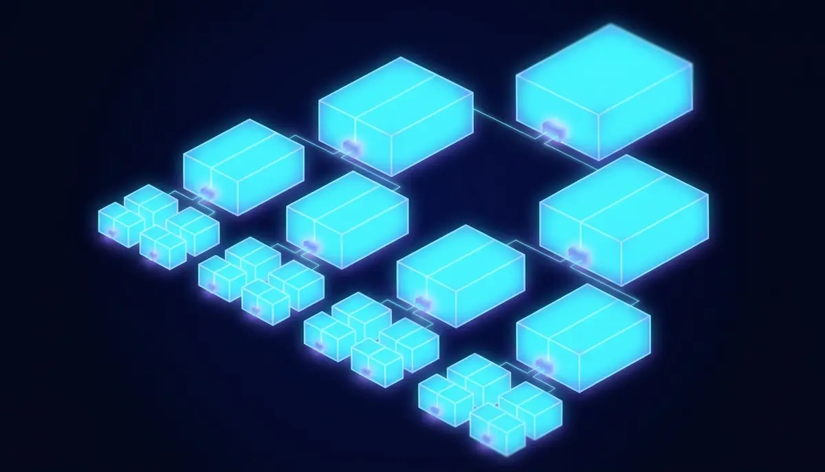 Glowing cyan blocks splitting into halves and quarters like nested network ranges