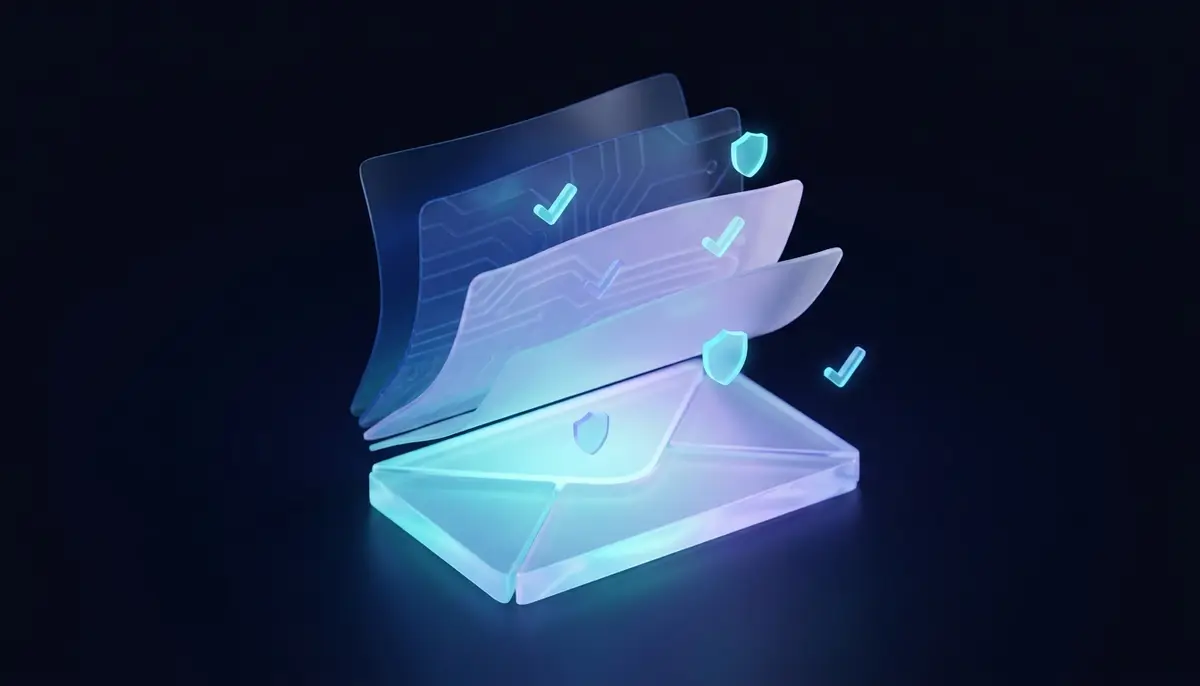 A glowing envelope with translucent header layers peeled back above it