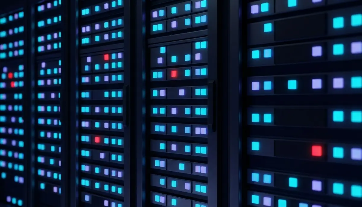 Rows of server lights in a dark data center with a scattered few glowing red