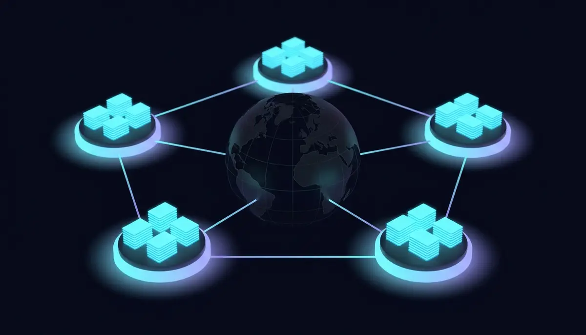 Five glowing regional hubs around a dark globe, each holding stacks of address cards