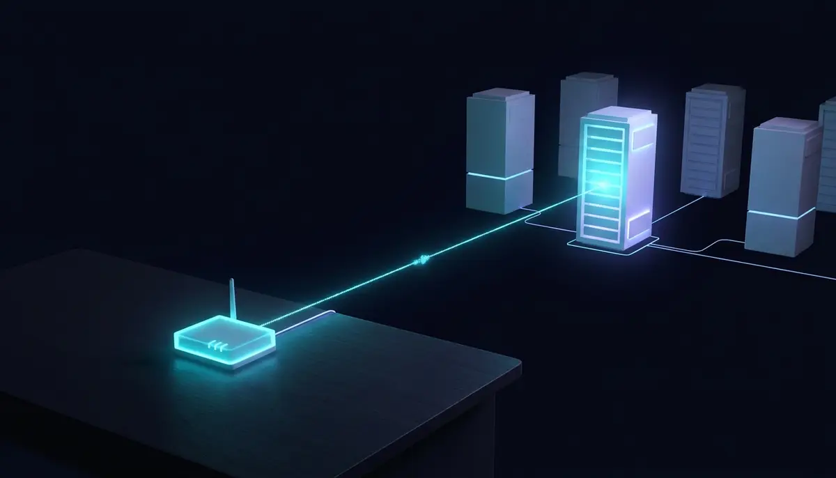A home router sending a cyan beam to one of several glowing server towers